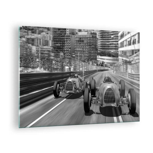 Glastavla - Bild på glas - Historisk biltävling i svartvitt - 70x50cm - För länge sedan i Monte Carlo - Modern väggdekoration för vardagsrum och sovrum ARTTOR