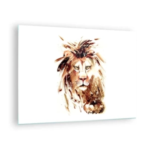 Glastavla - Bild på glas - Akvarellporträtt av ett lejon på vit bakgrund - 70x50cm - Styrka och värdighet - Modern väggdekoration för vardagsrum och sovrum ARTTOR