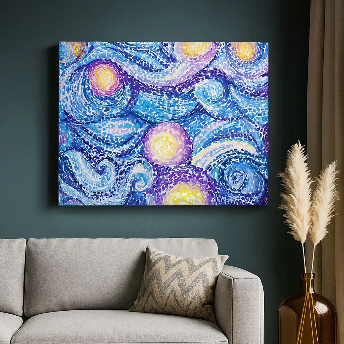 Canvastavla - Bild på duk - En konstnärlig tolkning av stjärnhimlen i Van Goghs stil - 70x50cm - Från van Goghs tavla - Modern väggdekoration för vardagsrum och sovrum ARTTOR