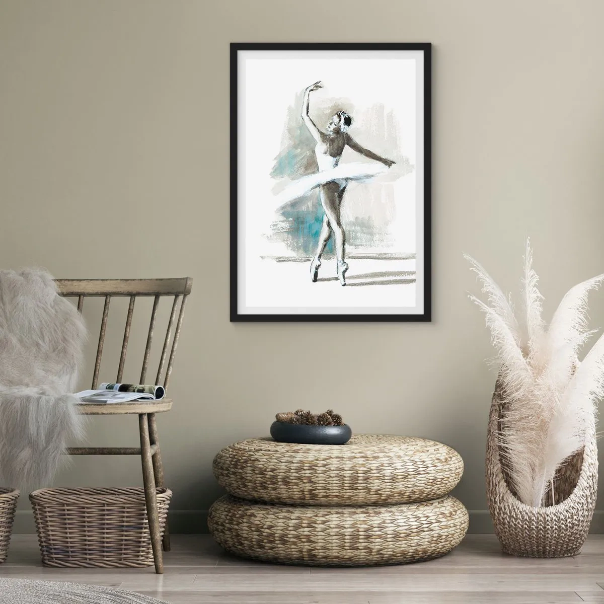 Affisch i svart ram - En balettdansös i en vit klänning som utför - 50x70cm - Förtrollad i en svan - Modern väggdekoration för vardagsrum och sovrum ARTTOR