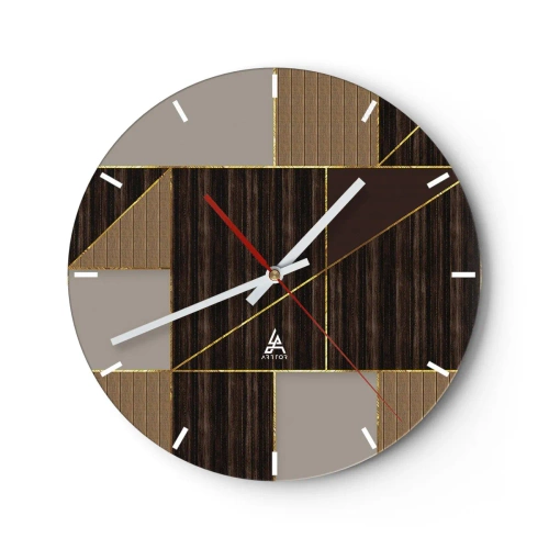 Väggklocka - Klocka på glas - Modern mosaik med bruna, beige och guldfärgade linjer - 30x30cm - Mosaik av brun och guld - Modern väggdekoration för vardagsrum, kök och sovrum ARTTOR