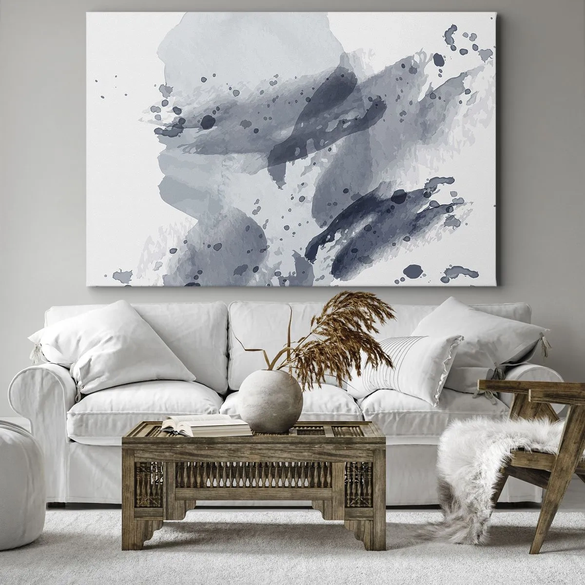 Canvastavla - Bild på duk - Abstrakta fläckar i nyanser av blått mot en ljus bakgrund - 70x50cm - Studie om vattnets natur - Modern väggdekoration för vardagsrum och sovrum ARTTOR