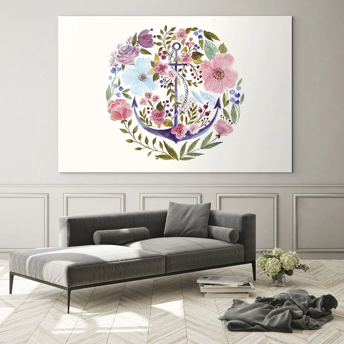 Glastavla - Bild på glas - Ett ankare omgivet av färgglada akvarellblommor - 70x50cm - En seglares goda sömn - Modern väggdekoration för vardagsrum och sovrum ARTTOR
