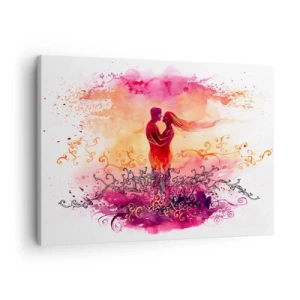 Canvastavla - Bild på duk - Ett par som omfamnar varandra mot ett abstrakt rosa och orange mönster - 70x50cm - Ett hjärta! Så lite behöver jag... - Modern väggdekoration för vardagsrum och sovrum ARTTOR