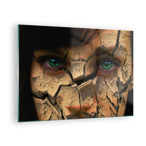 Glastavla - Bild på glas - Ett kvinnas ansikte med en sprucken jordeffekt - 70x50cm - Beundran och skräck samtidigt - Modern väggdekoration för vardagsrum och sovrum ARTTOR