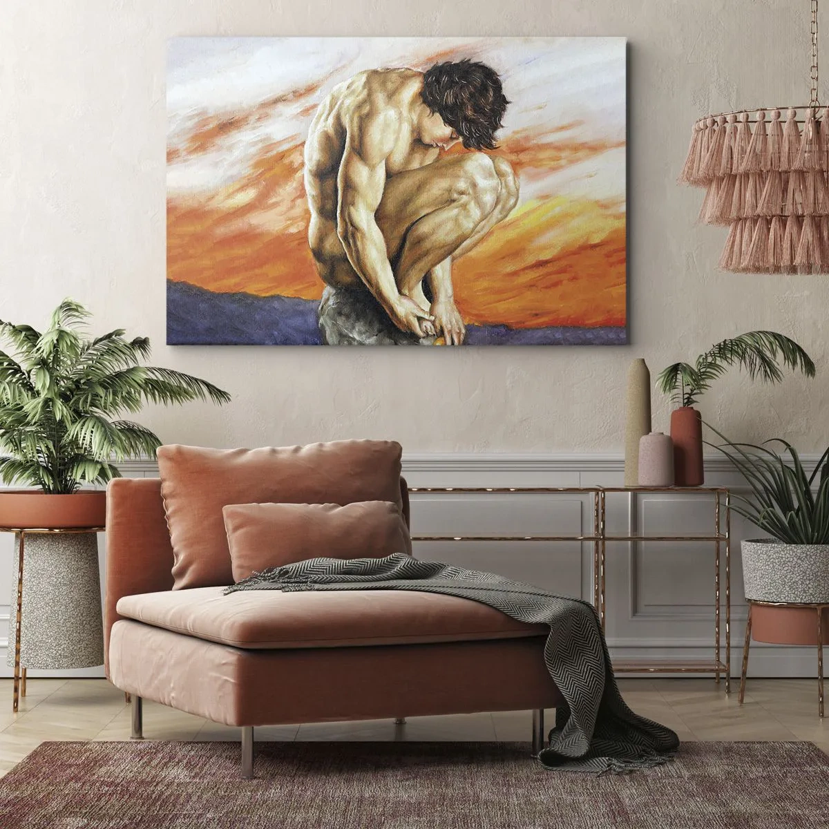 Canvastavla - Bild på duk - En man försjunken i tankar mot bakgrund av en solnedgång - 70x50cm - Försänkt i sig själv - Modern väggdekoration för vardagsrum och sovrum ARTTOR