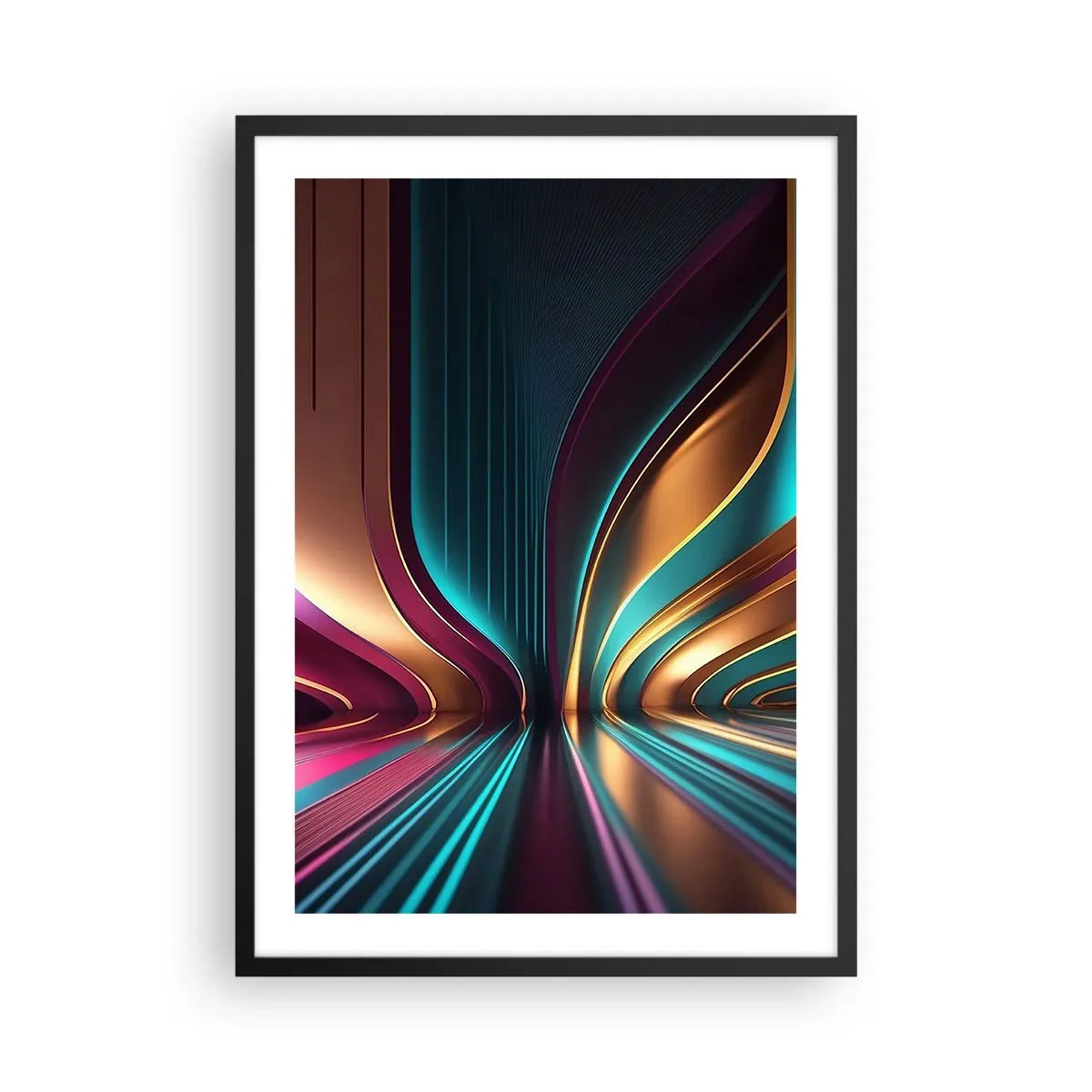 Affisch i svart ram - Futuristisk abstraktion i guld och turkosa färger - 50x70cm - Ljusets arkitektur - Modern väggdekoration för vardagsrum och sovrum ARTTOR