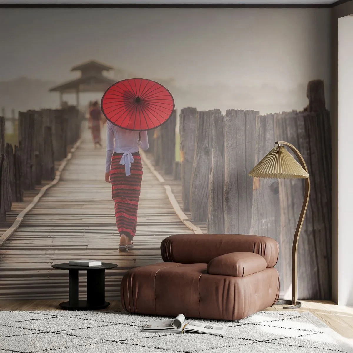Fototapet Premium Sand - På den gamla bron - Paraply, Burma, Träbro - 100x70 cm