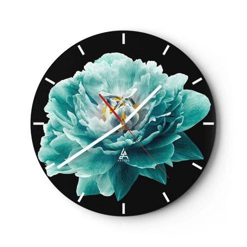 Väggklocka - Klocka på glas - Turkos pionblomma på svart bakgrund - 30x30cm - Blå och gyllene kronblad - Modern väggdekoration för vardagsrum, kök och sovrum ARTTOR