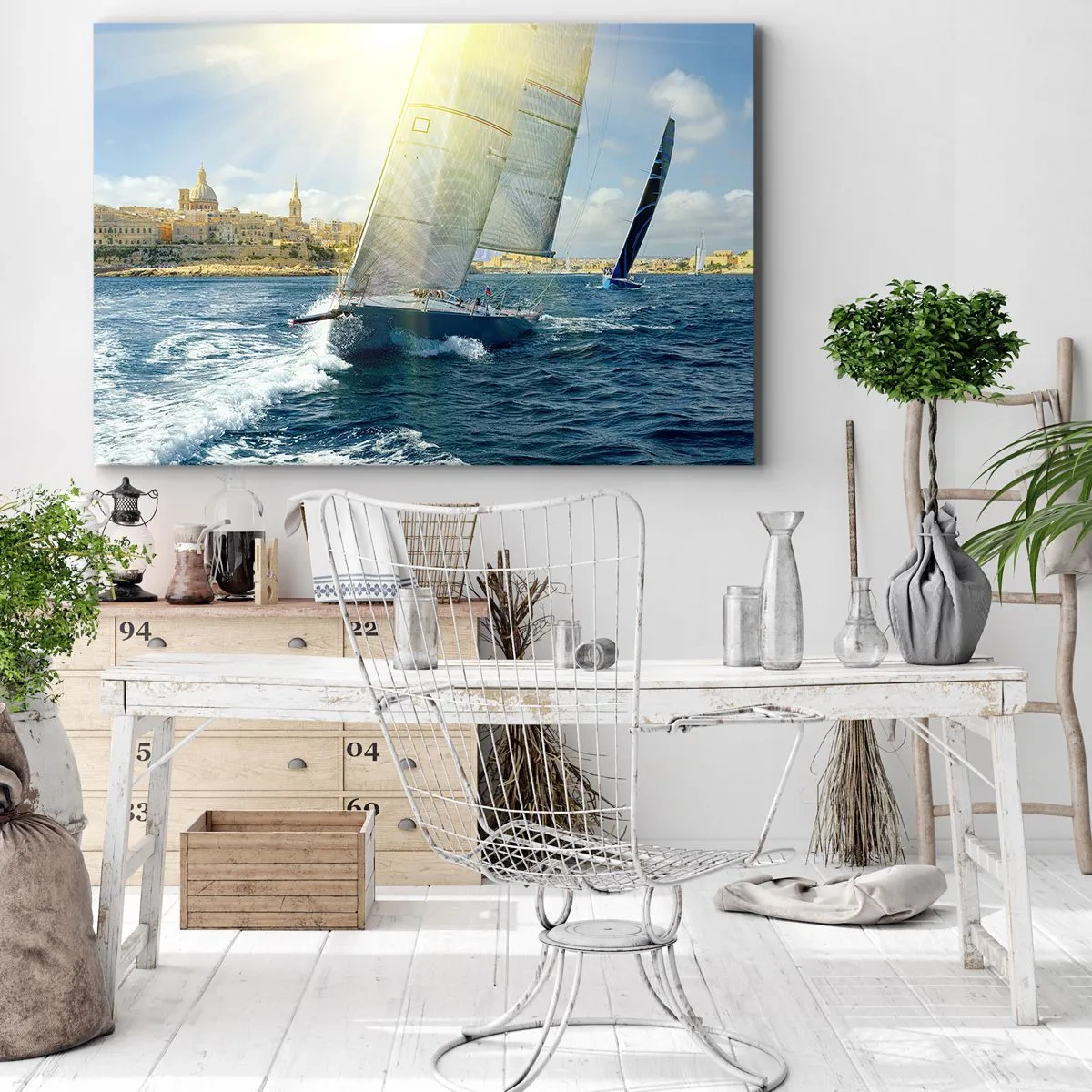 Canvastavla - Bild på duk - Segelkappsegling mot bakgrund av en solig kust - 70x50cm - Dags att lämna staden - Modern väggdekoration för vardagsrum och sovrum ARTTOR