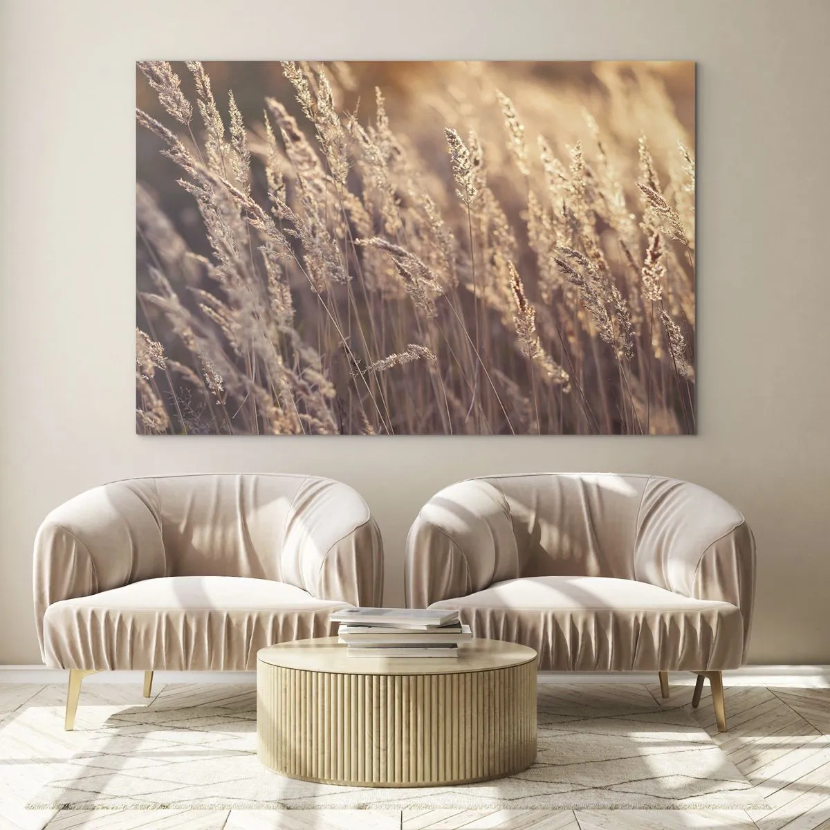 Glastavla - Bild på glas - Gyllene gräs upplysta av solnedgångens strålar - 70x50cm - Redo att välkomna hösten - Modern väggdekoration för vardagsrum och sovrum ARTTOR