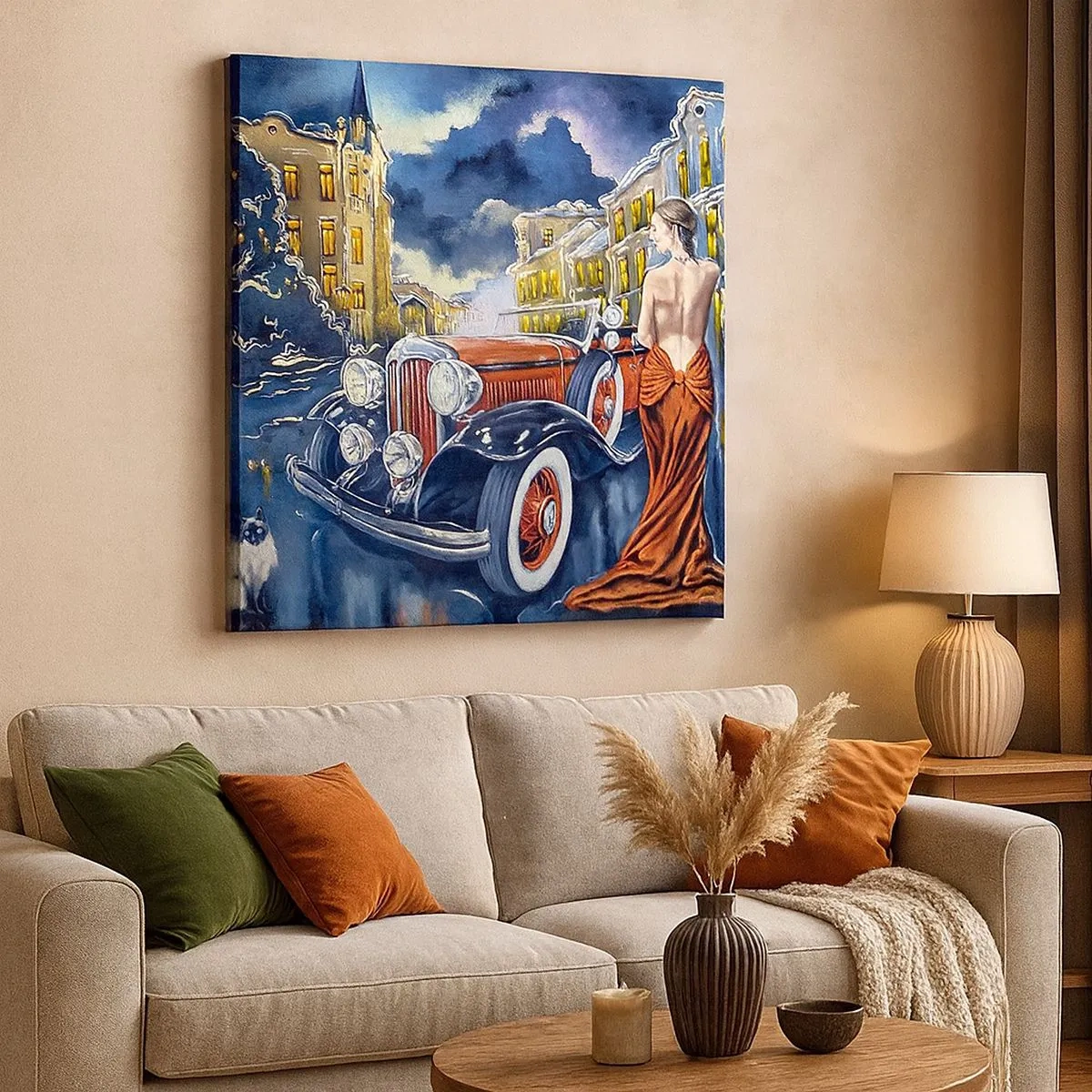 Canvastavla - Bild på duk - Nocturne i blått och korall - 30x30 cm