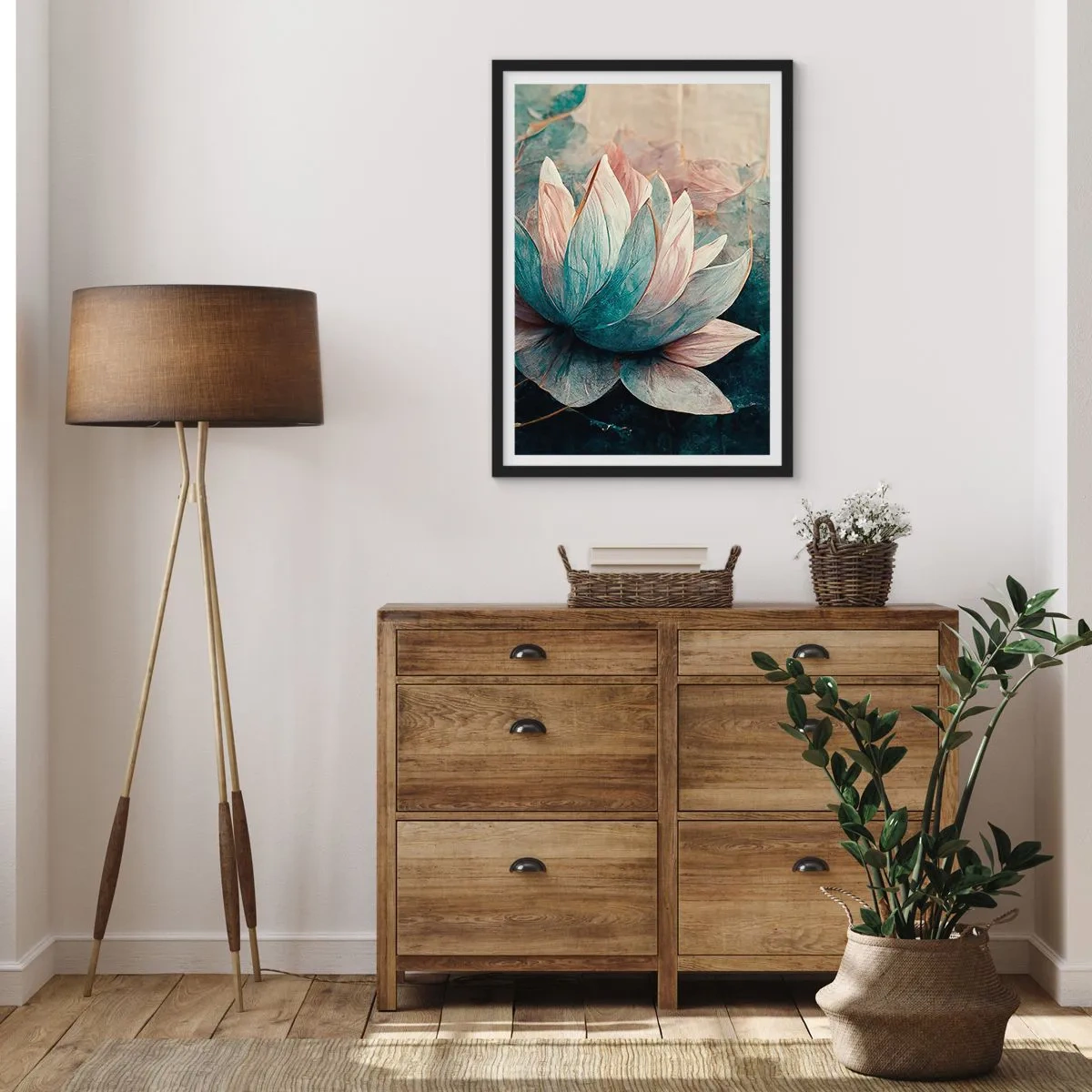Affisch i svart ram - En delikat lotusblomma med en mystisk aura - 50x70cm - Stjärnor i en sjö - Modern väggdekoration för vardagsrum och sovrum ARTTOR
