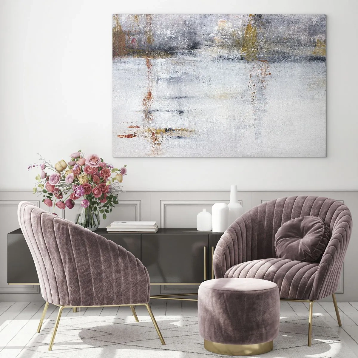 Glastavla - Bild på glas - En abstrakt målning med en subtil kombination av grått, vitt och guld. - 70x50cm - Bakom luftridån - Modern väggdekoration för vardagsrum och sovrum ARTTOR