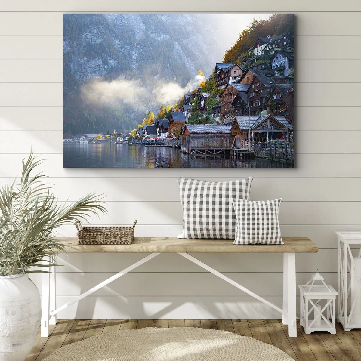 Canvastavla - Bild på duk - En bergsby vid en sjö i höstlandskap - 70x50cm - Alpina klimat - Modern väggdekoration för vardagsrum och sovrum ARTTOR