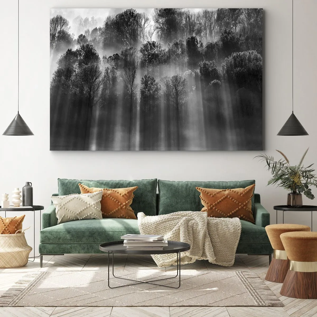 Canvastavla - Bild på duk - Svartvit skog i morgonljuset - 70x50cm - I ljusstrålar - Modern väggdekoration för vardagsrum och sovrum ARTTOR