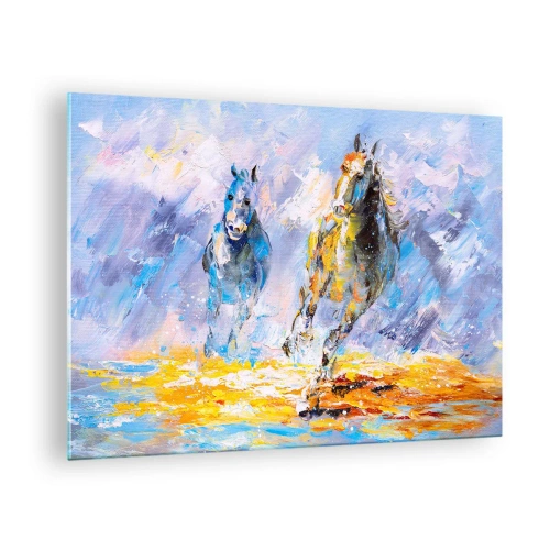 Glastavla - Bild på glas - Två hästar galopperar genom vatten i konstnärlig stil - 70x50cm - Galopp genom skenet - Modern väggdekoration för vardagsrum och sovrum ARTTOR