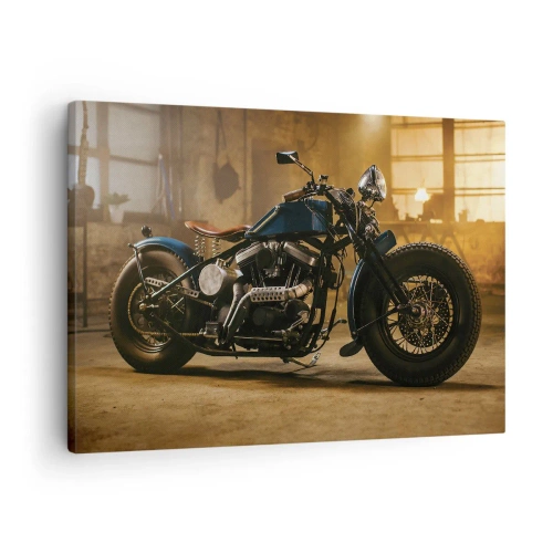 Canvastavla - Bild på duk - En snygg motorcykel i industriell interiör med varm belysning - 70x50cm - Jag kan allt - Modern väggdekoration för vardagsrum och sovrum ARTTOR