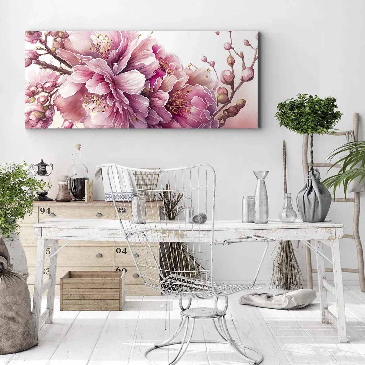 Canvastavla - Bild på duk - Blommande körsbärsblomma - 140x50 cm