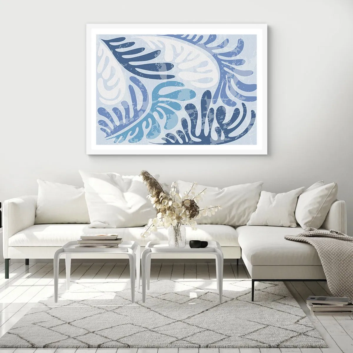 Affisch i vit ram - Blåa ormbunkar - 70x50 cm