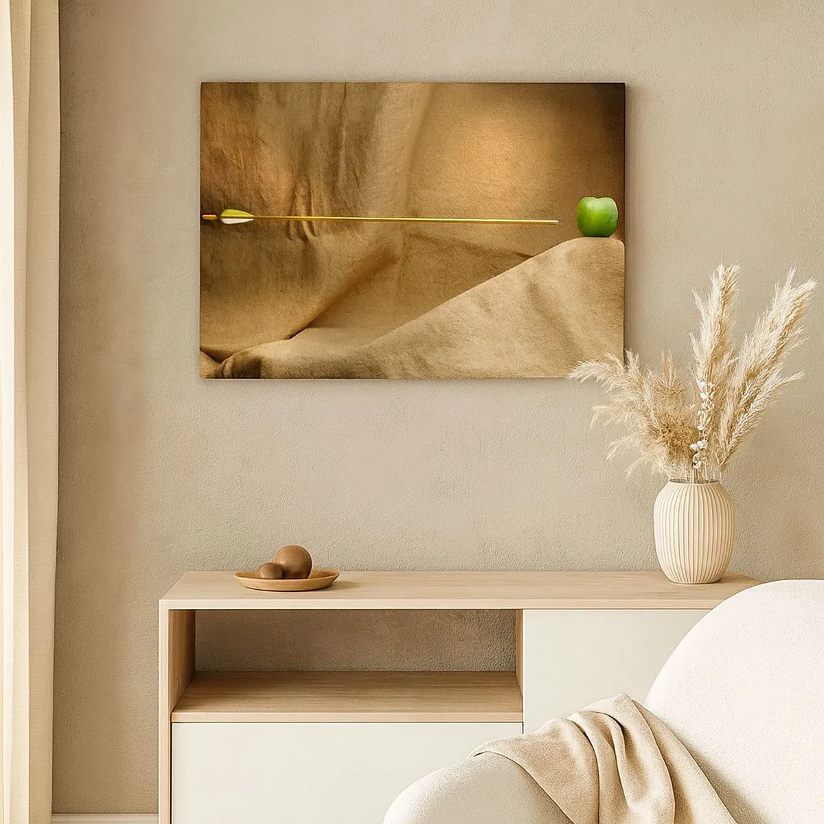 Canvastavla - Bild på duk - Grönt äpple på tyg med en pil som skapar en komposition - 70x50cm - Kalla Wilhelm Tells ande - Modern väggdekoration för vardagsrum och sovrum ARTTOR