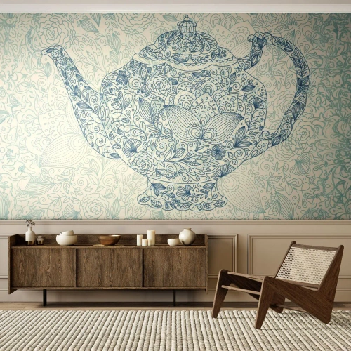 Fototapet Standard Eco - Dekorativ tekanna i blommig linjär stil - 100x70cm - Techarm - Modern väggdekoration för vardagsrum och sovrum ARTTOR