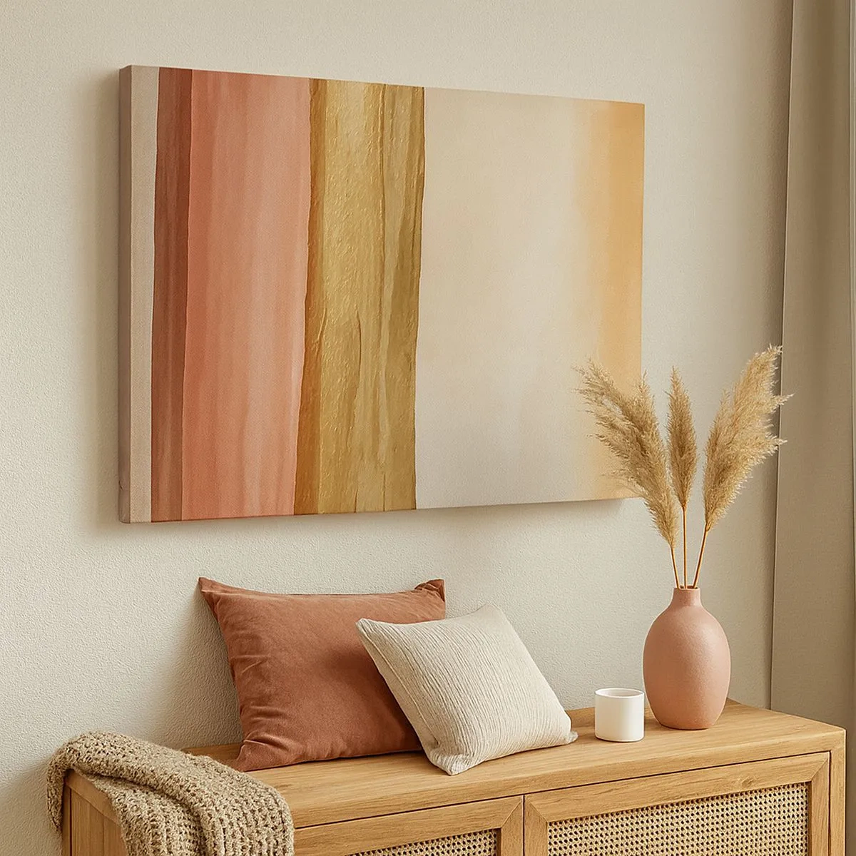 Canvastavla - Bild på duk - Abstrakta ränder i nyanser av beige, guld och rosa på duk - 70x50cm - Vertikal komposition - Modern väggdekoration för vardagsrum och sovrum ARTTOR