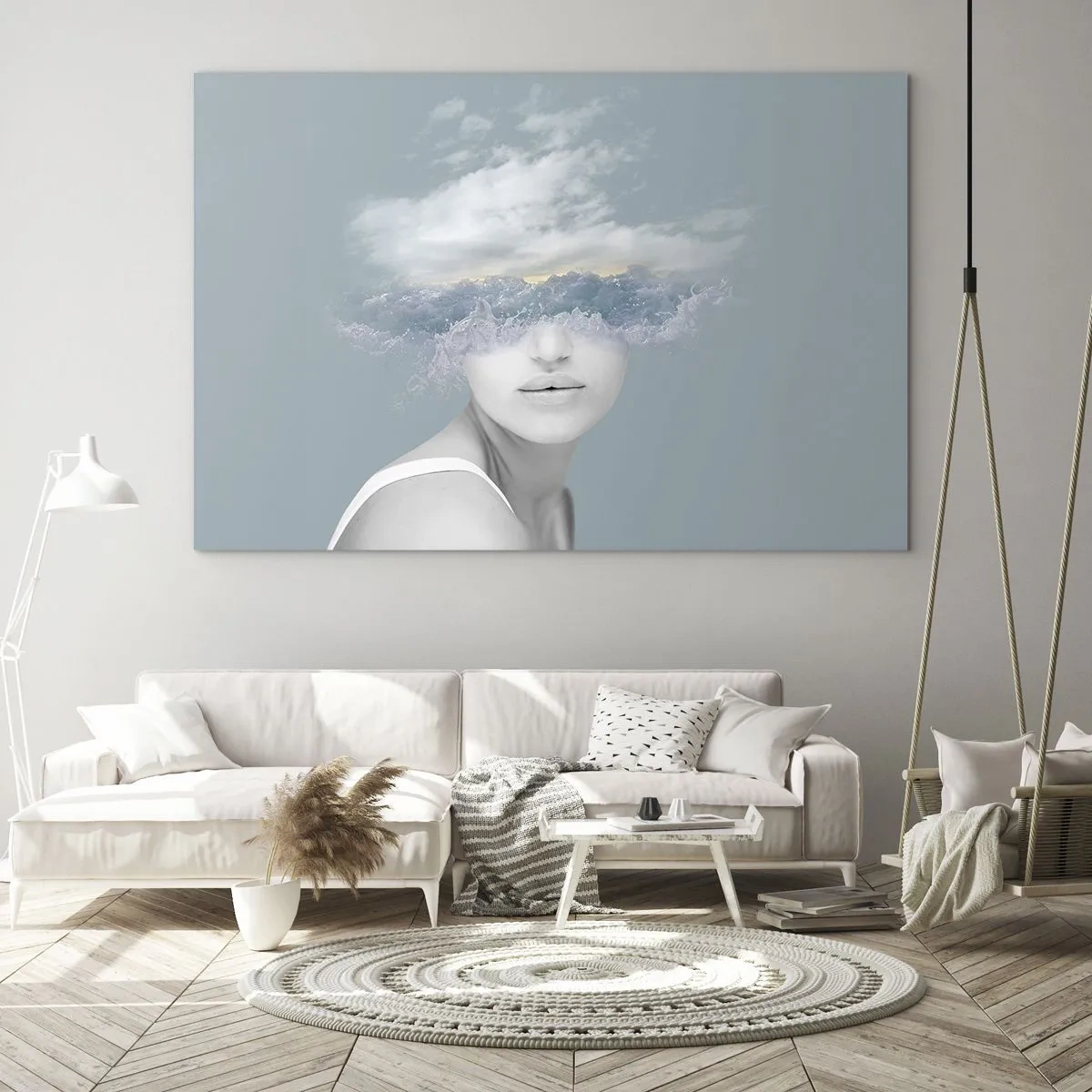 Glastavla - Bild på glas - En kvinnas ansikte smälter samman med himlen och molnen i en surrealistisk syn. - 70x50cm - Med huvudet i molnen - Modern väggdekoration för vardagsrum och sovrum ARTTOR