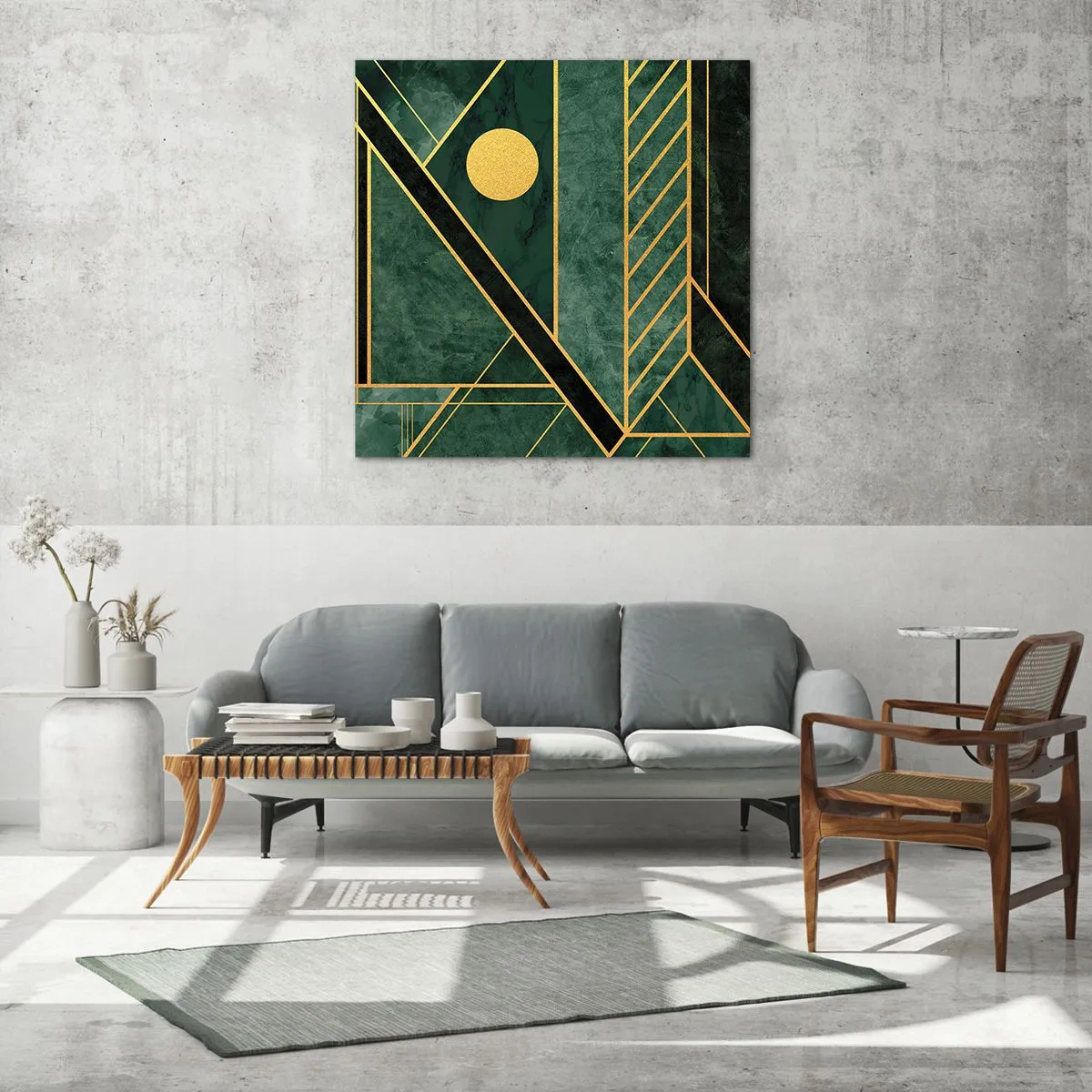 Glastavla - Bild på glas - Dynamik av guld och azurblå - 70x70 cm