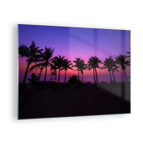 Glastavla - Bild på glas - Palmer mot bakgrund av en lila-rosa solnedgång - 70x50cm - Kväll under palmerna - Modern väggdekoration för vardagsrum och sovrum ARTTOR