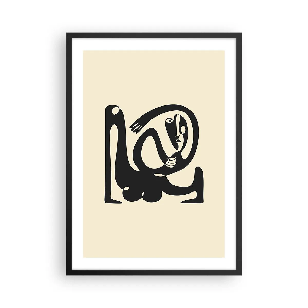 Affisch i svart ram - Abstrakt figur på en beige bakgrund med svarta linjer - 50x70cm - Nästan Picasso - Modern väggdekoration för vardagsrum och sovrum ARTTOR