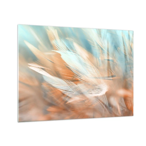 Glastavla - Bild på glas - Fina fjädrar i pastellfärger av turkos och persika - 70x50cm - I mildhetens land - Modern väggdekoration för vardagsrum och sovrum ARTTOR