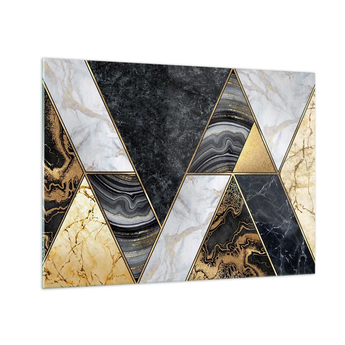Glastavla - Bild på glas - Geometriskt mönster av marmor och guld trianglar - 70x50cm - Sten vid sten - Modern väggdekoration för vardagsrum och sovrum ARTTOR
