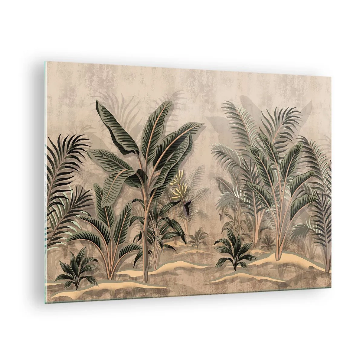 Glastavla - Bild på glas - Tropiska växter på beige bakgrund i kolonialstil - 70x50cm - Bild i kolonial stil - Modern väggdekoration för vardagsrum och sovrum ARTTOR