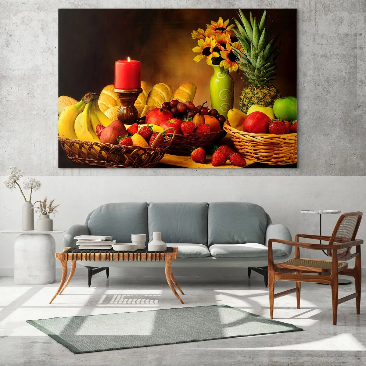Glastavla - Bild på glas - En komposition av frukt, bröd och ett ljus i rustik stil - 70x50cm - Stilleben med bröd och frukt - Modern väggdekoration för vardagsrum och sovrum ARTTOR