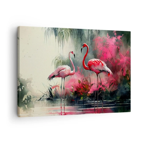 Canvastavla - Bild på duk - Flamingos vid vattnet omgivna av vegetation - 70x50cm - En lektion i naturlig charm - Modern väggdekoration för vardagsrum och sovrum ARTTOR