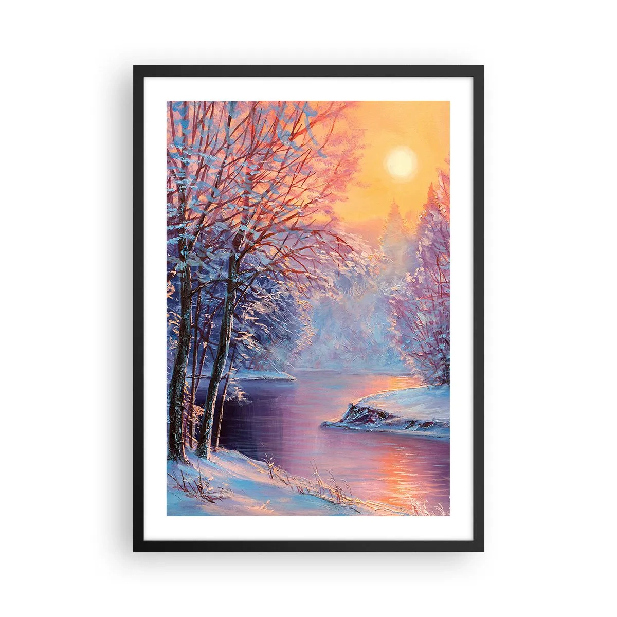 Affisch i svart ram - Vinterlandskap med en flod i skenet av den nedgående solen - 50x70cm - Vinterns färger - Modern väggdekoration för vardagsrum och sovrum ARTTOR