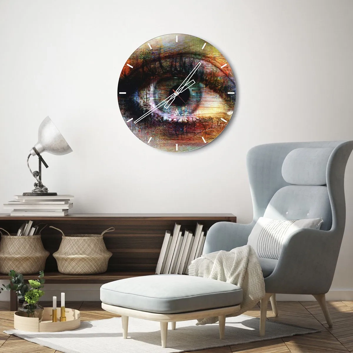 Väggklocka - Klocka på glas - Ett konstnärligt öga i intensiva, kontrasterande färger - 30x30cm - Man kan titta in i själen - Modern väggdekoration för vardagsrum, kök och sovrum ARTTOR