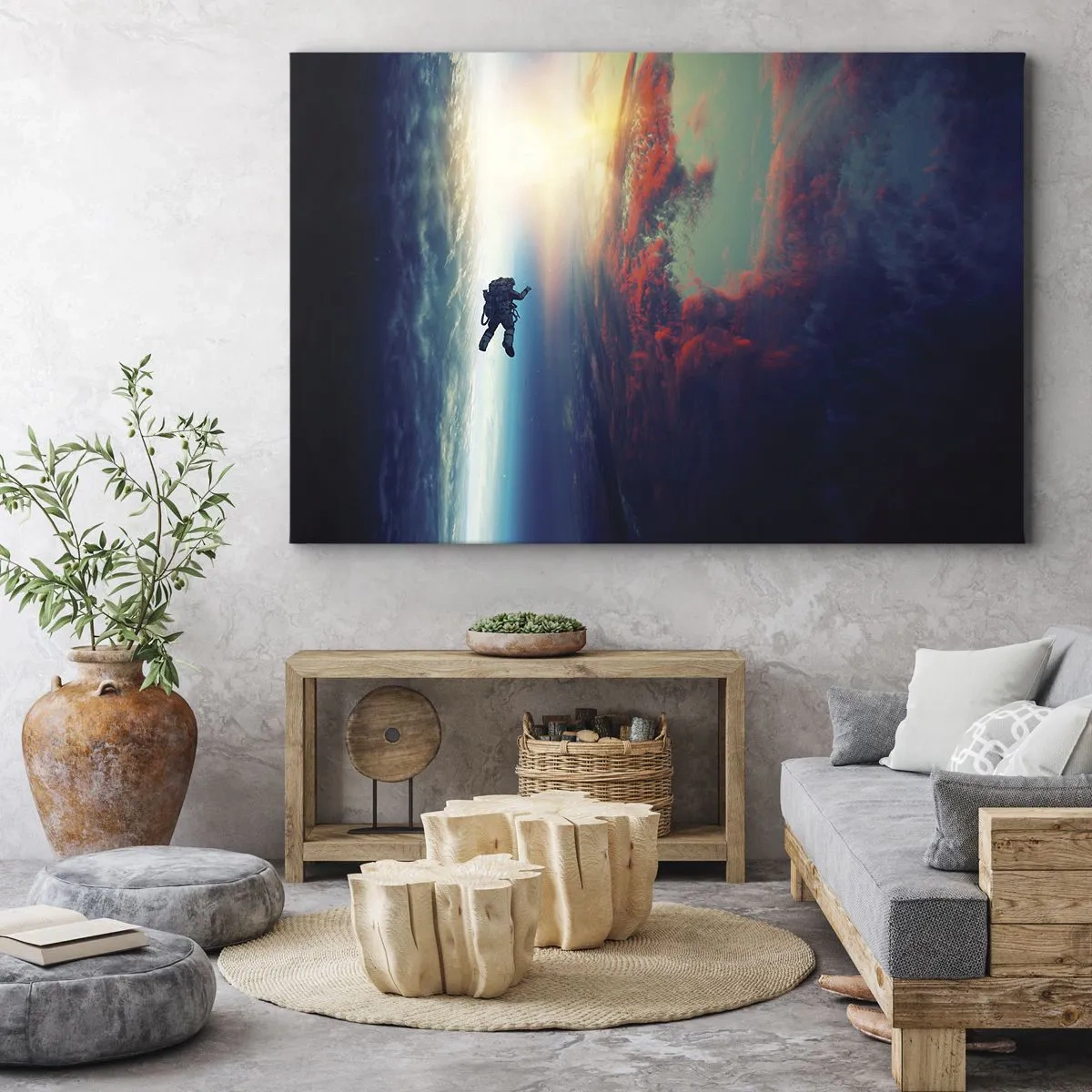Canvastavla - Bild på duk - En astronaut som svävar i rymden ovanför en färgglad jord - 70x50cm - Stå emot universumet - Modern väggdekoration för vardagsrum och sovrum ARTTOR