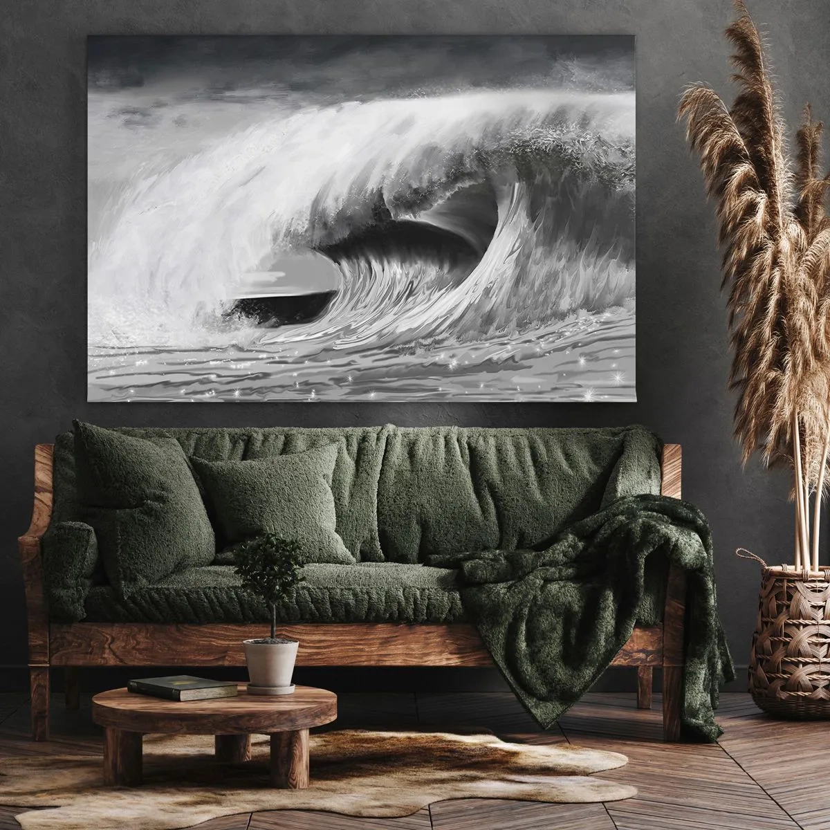 Canvastavla - Bild på duk - Dramatisk havsvåg i monokrom - 70x50cm - Havets ilska - Modern väggdekoration för vardagsrum och sovrum ARTTOR