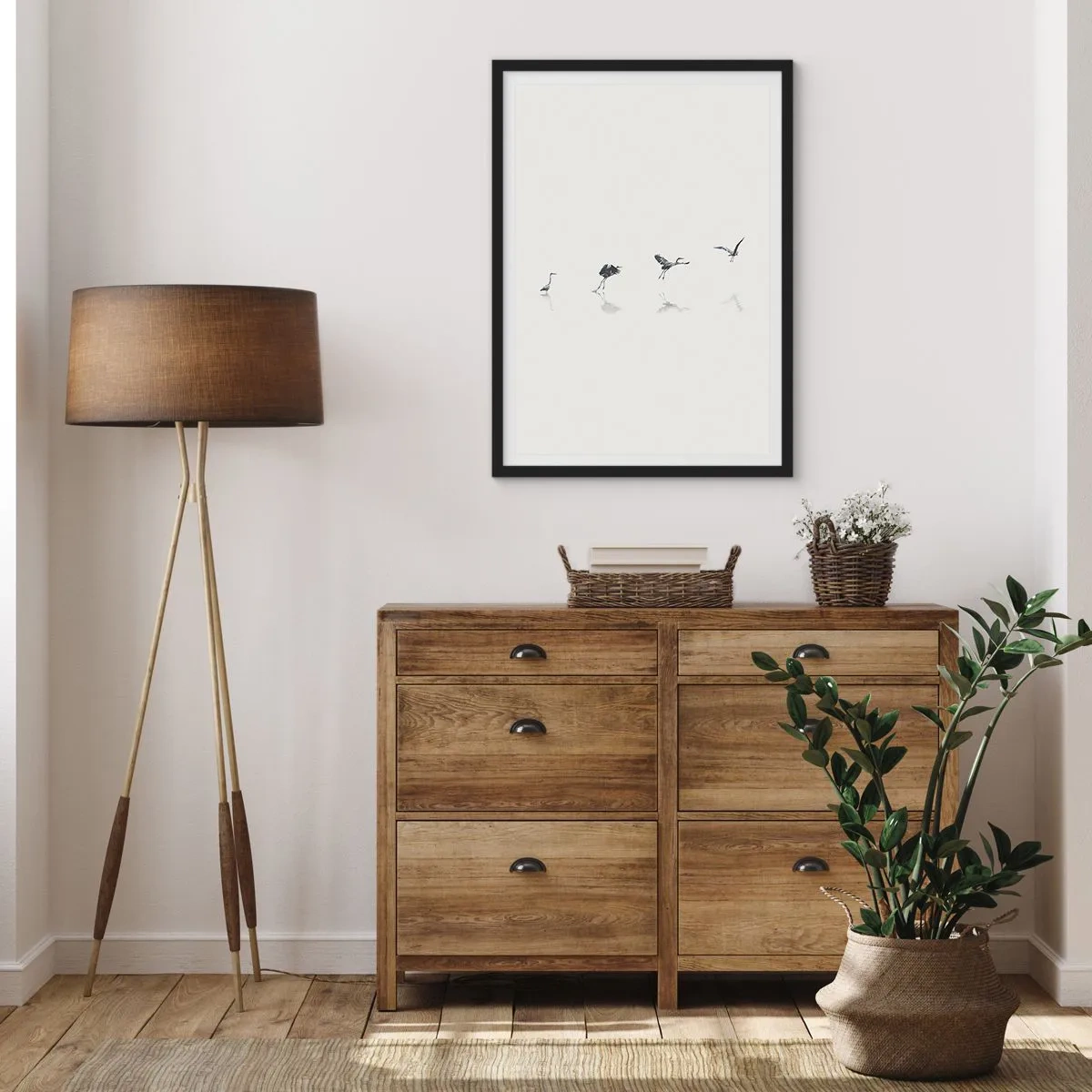 Affisch i svart ram - En minimalistisk komposition av fåglar vid vattnet - 50x70cm - Fyra enkla steg - Modern väggdekoration för vardagsrum och sovrum ARTTOR