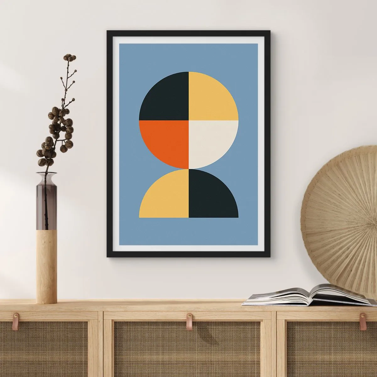 Affisch i svart ram - Geometriskt motiv i form av en cirkel och en halvcirkel på en blå bakgrund - 50x70cm - Titta och räkna - Modern väggdekoration för vardagsrum och sovrum ARTTOR