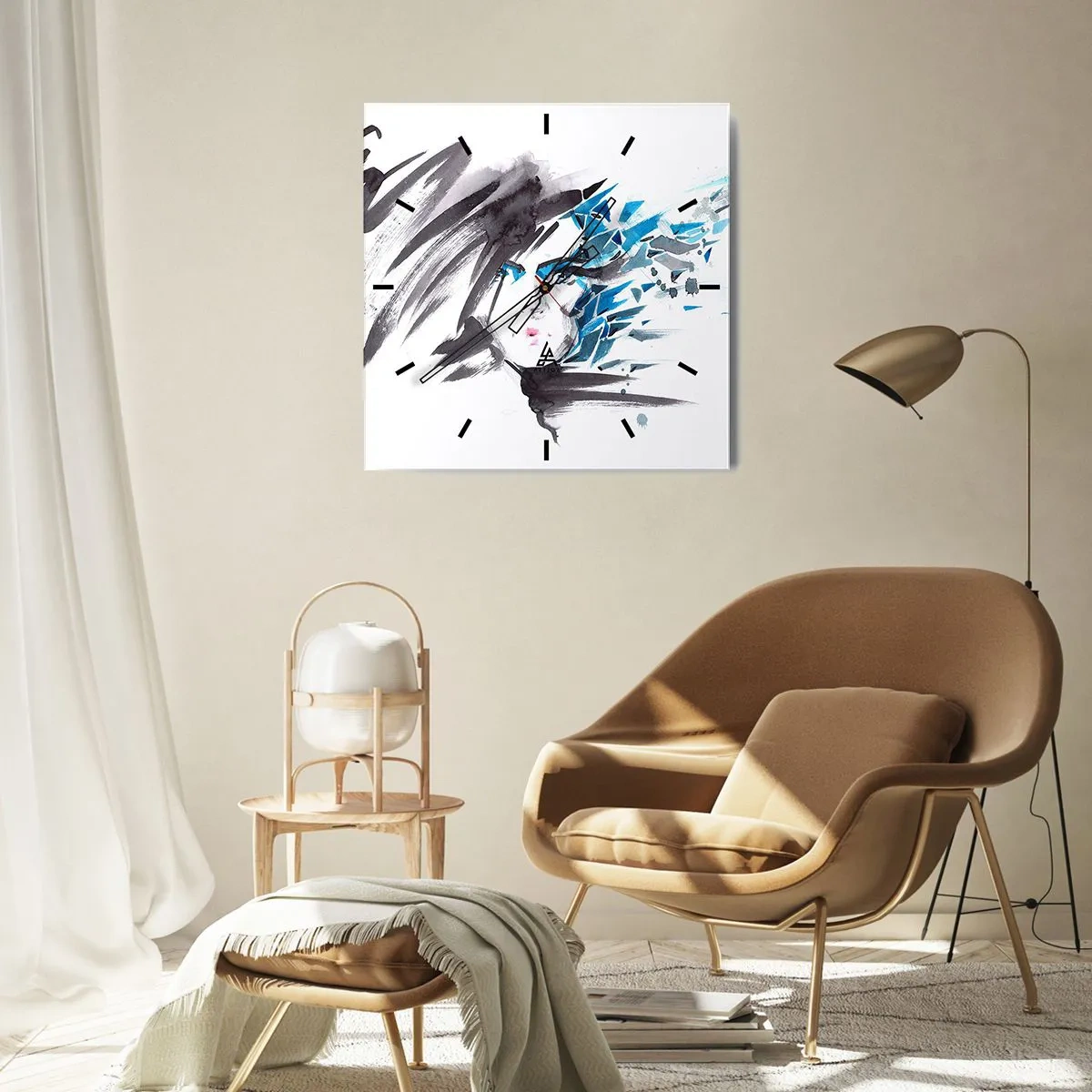 Väggklocka - Klocka på glas - Sensuell porträtt i grått och blått - 30x30 cm