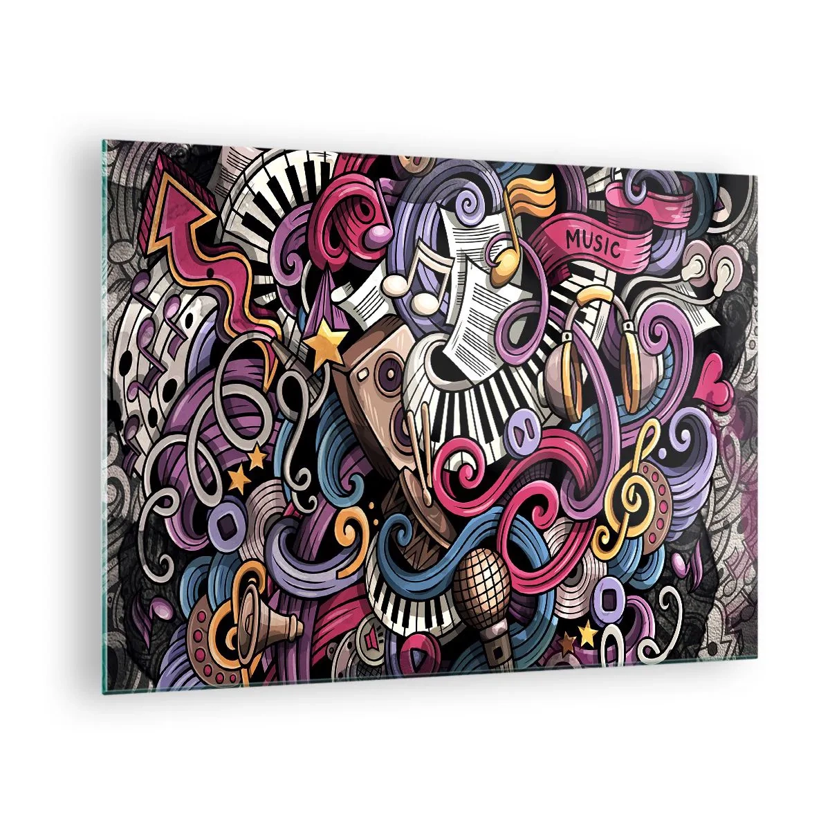 Glastavla - Bild på glas - Färgglada musikaliska teman med noter och instrument - 70x50cm - Komplicerad melodi - Modern väggdekoration för vardagsrum och sovrum ARTTOR