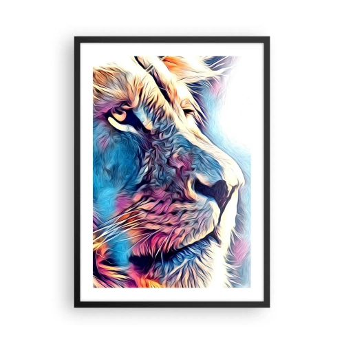 Affisch i svart ram - Ett färgstarkt porträtt av ett lejon i en konstnärlig stil med intensiva färger. - 50x70cm - Naturens klokhet - Modern väggdekoration för vardagsrum och sovrum ARTTOR