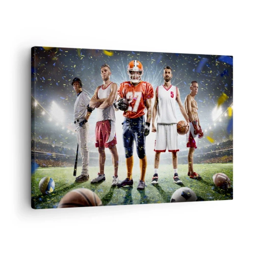 Canvastavla - Bild på duk - En dynamisk scen med idrottare från olika discipliner på stadion i rampljuset - 70x50cm - Arenornas gladiatorer - Modern väggdekoration för vardagsrum och sovrum ARTTOR