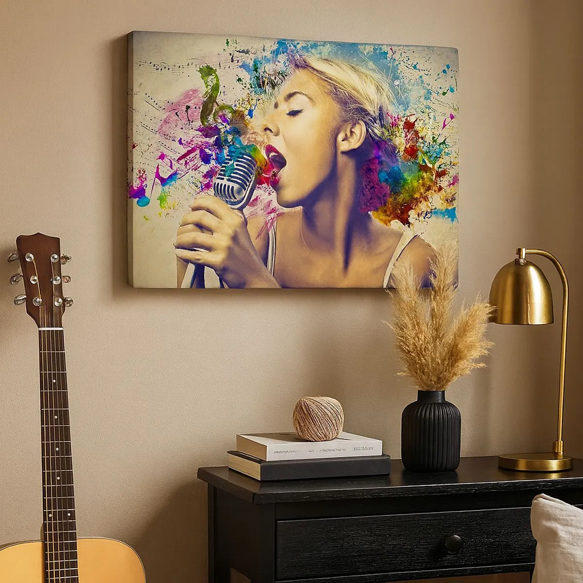 Canvastavla - Bild på duk - Konstnärligt porträtt av en kvinna som sjunger med färgglada effekter - 70x50cm - Måla världen med rösten - Modern väggdekoration för vardagsrum och sovrum ARTTOR