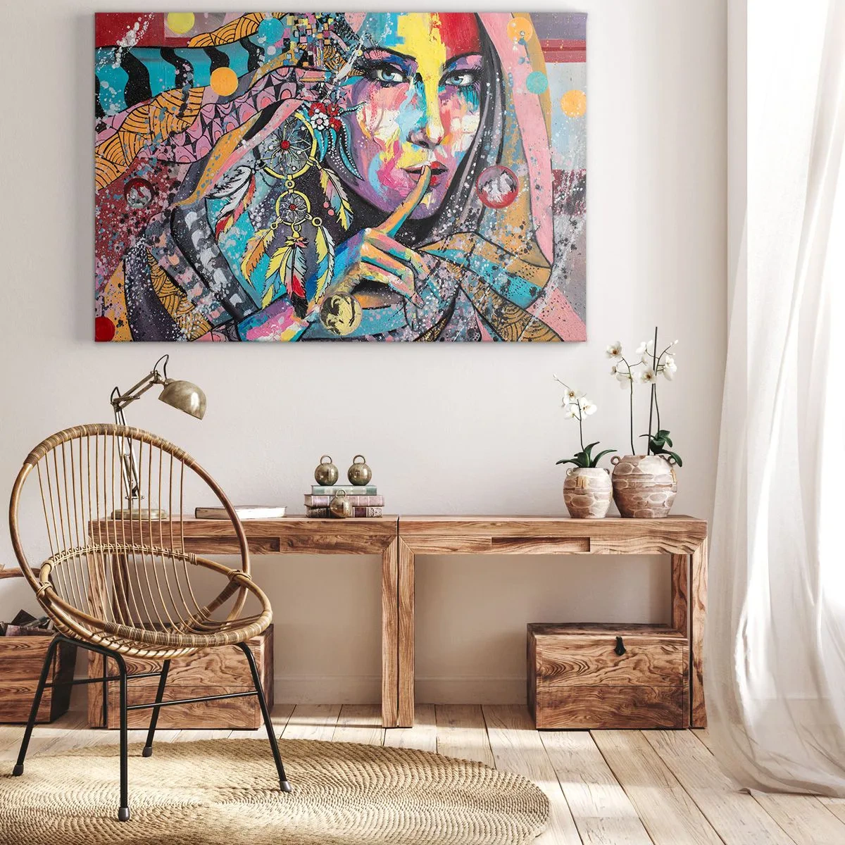 Canvastavla - Bild på duk - Färgglatt kvinnligt ansikte i konstnärlig stil - 70x50cm - Var tyst tills du förstår - Modern väggdekoration för vardagsrum och sovrum ARTTOR