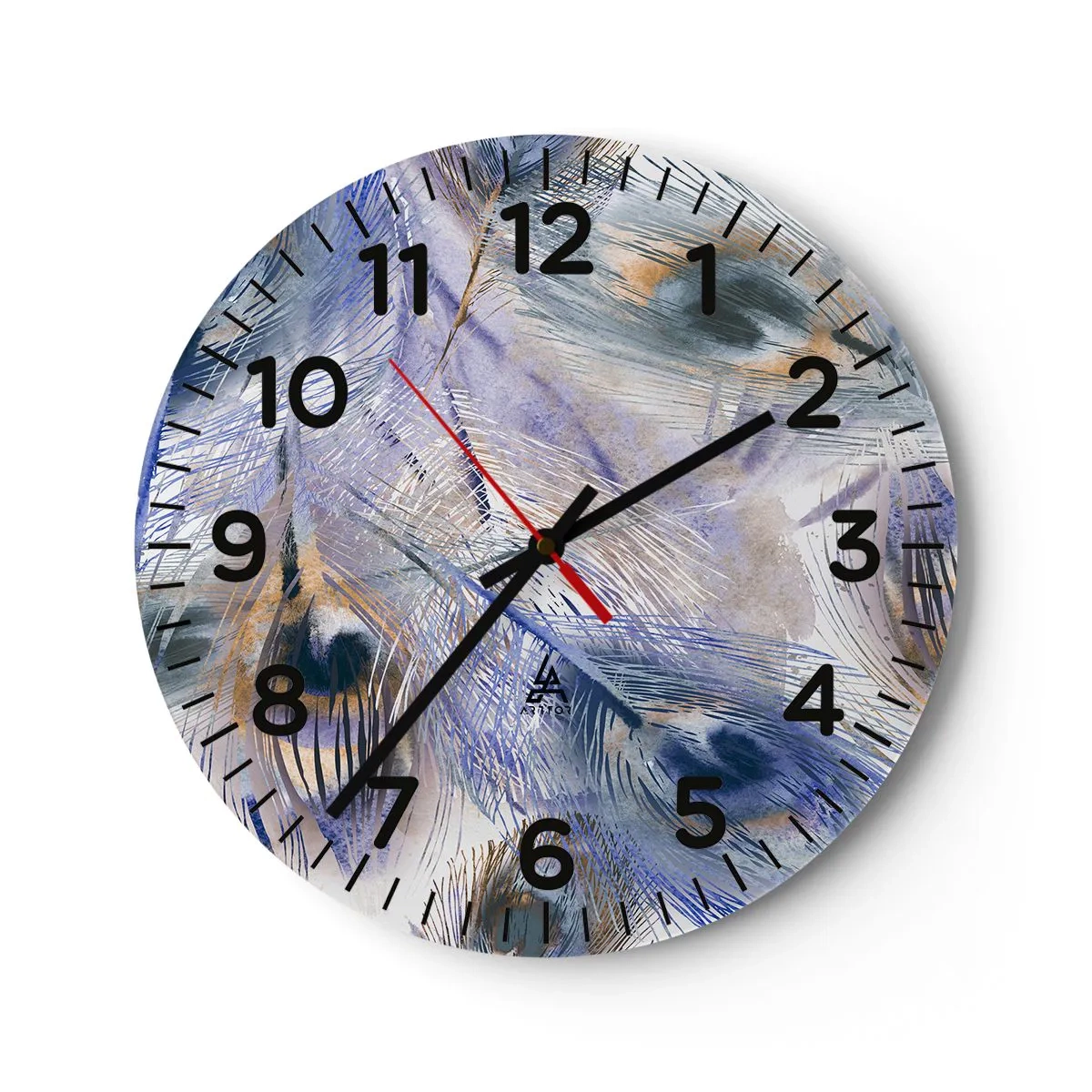 Väggklocka - Klocka på glas - Komposition med påfågelsfjädrar - 40x40 cm