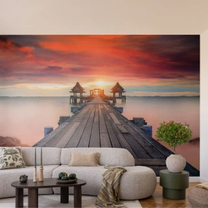 Fototapet Premium Sand - Skymning i öst - Landskap, Träpir, Hav - 100x70 cm